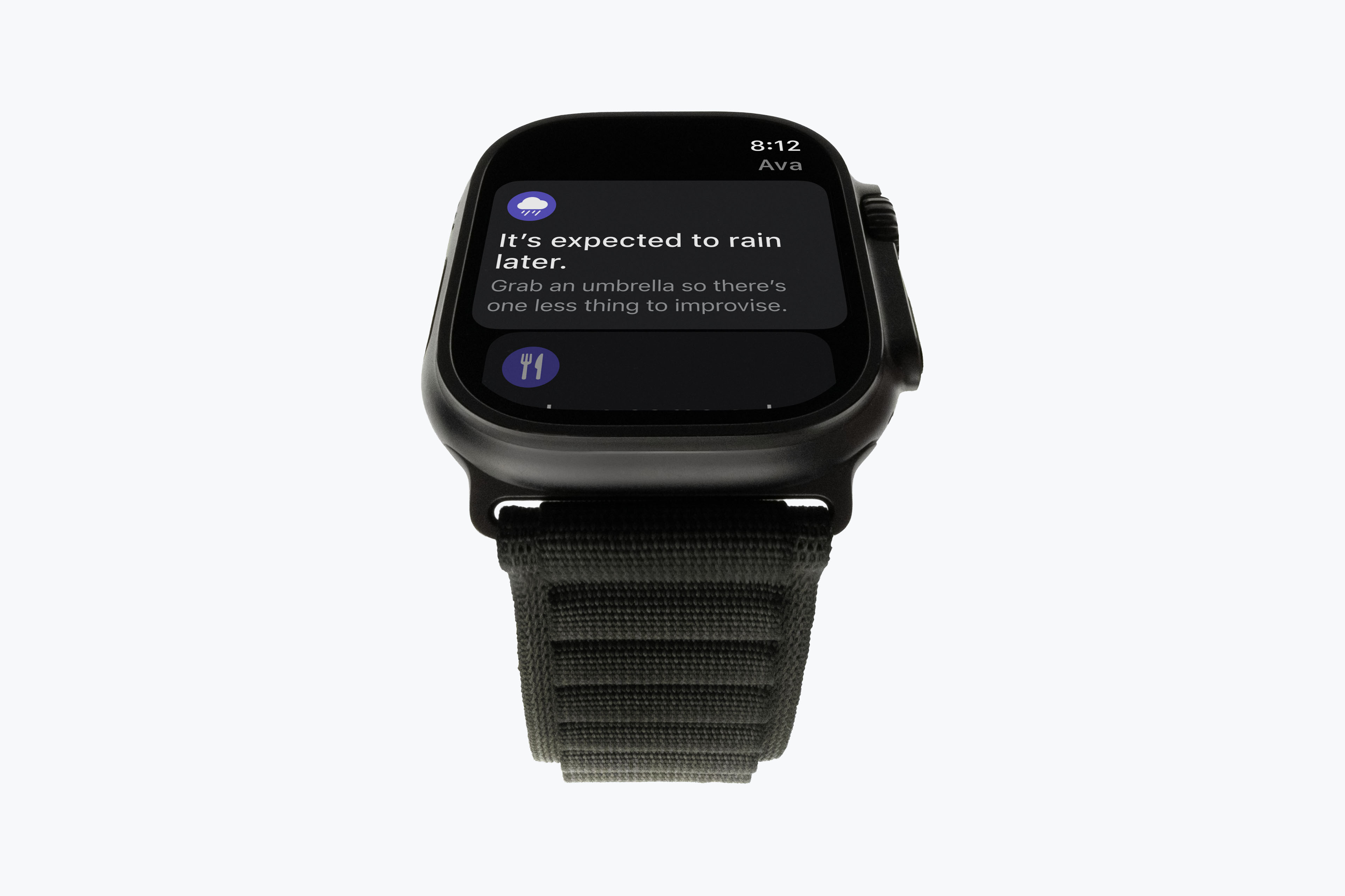Ava notification on an Apple Watch reading “It's expected to rain later. Grab an umbrella so there's one less thing to improvise.”