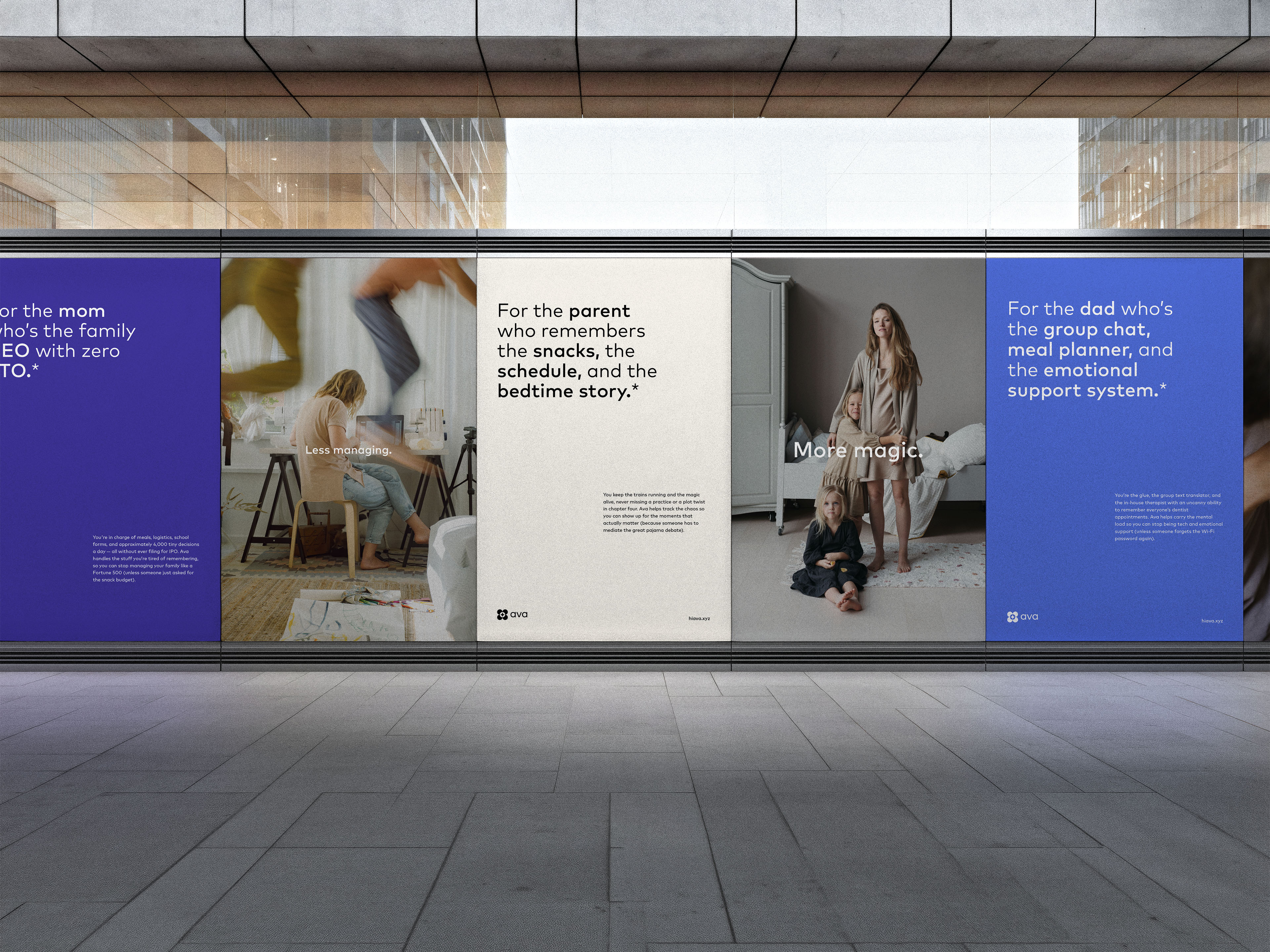 Ava out-of-home campaign in a transit corridor, headlined “For the mom who's the family CEO with zero PTO” and “For the dad who's the group chat, meal planner, and emotional support system.”