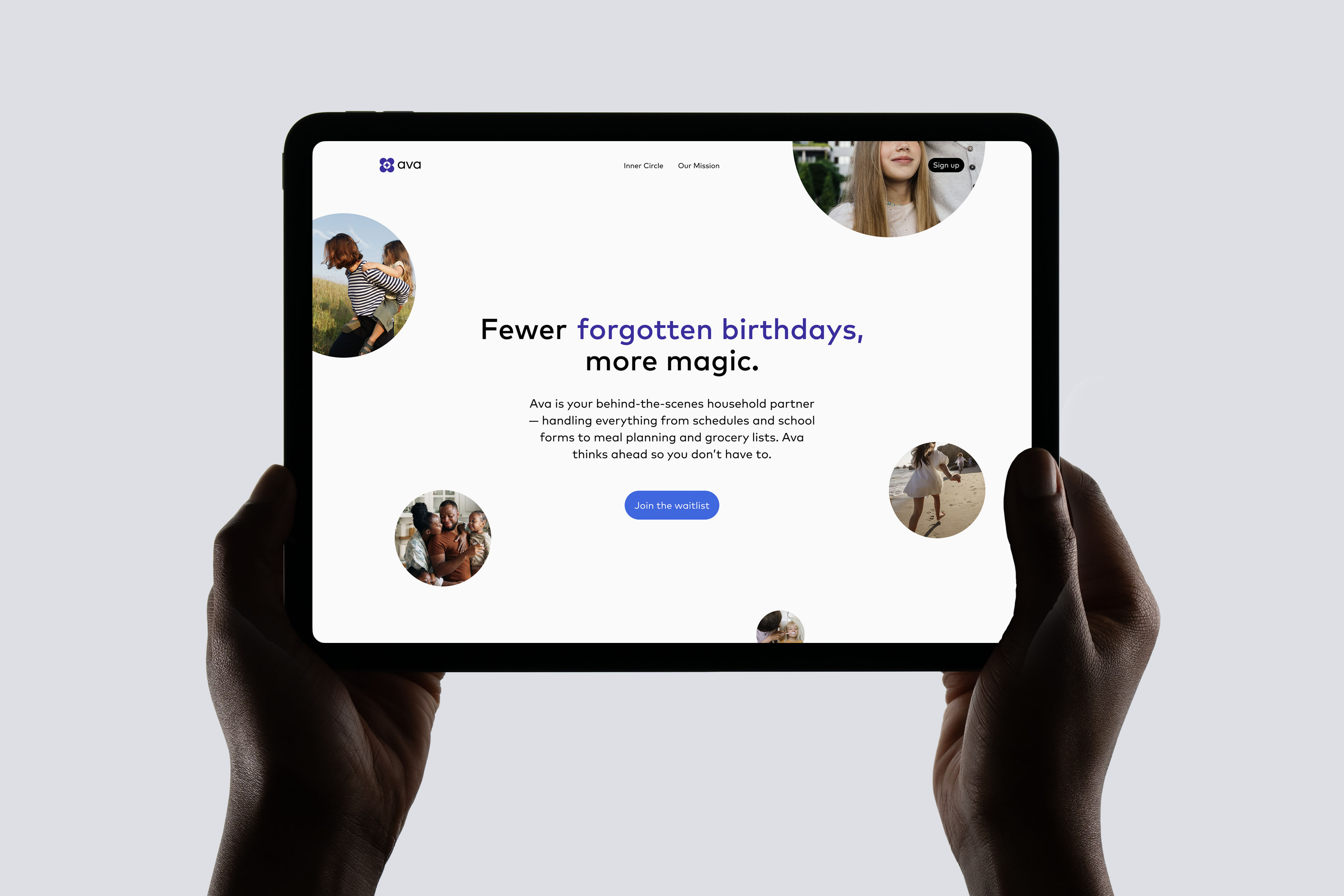 Ava website homepage on a tablet, headlined “Fewer forgotten birthdays, more magic.”