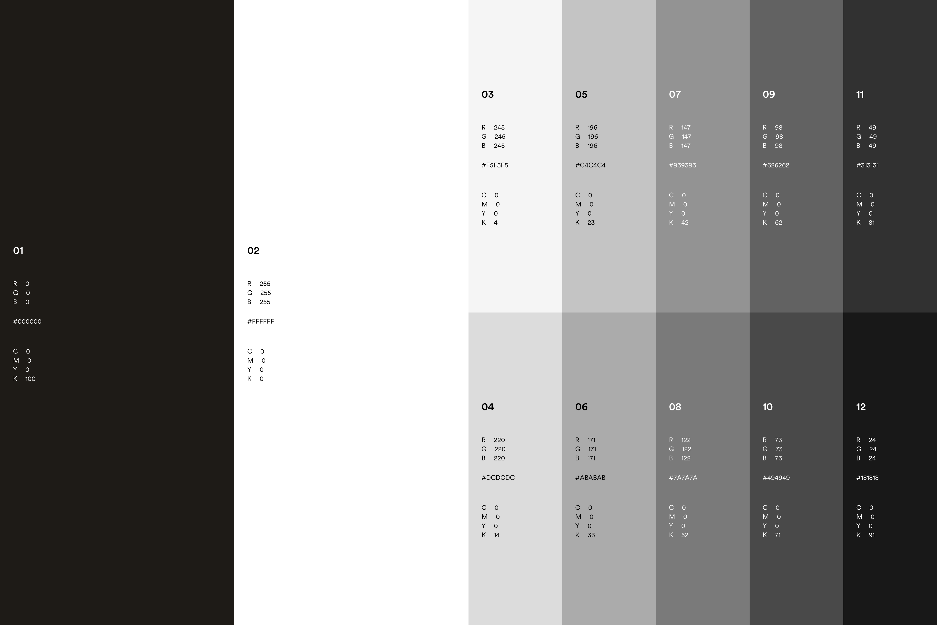 Noiro Studio's achromatic color palette, from black through white, shown with RGB, hex, and CMYK values